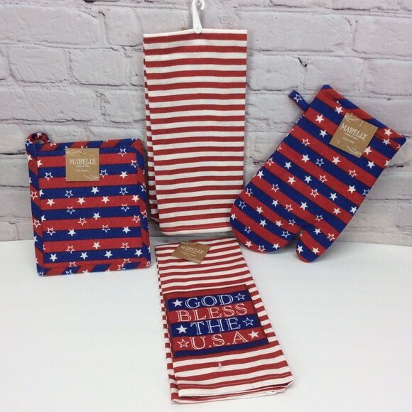 "God Bless The USA" 4 Pc Kitchen Set Patriotic 2 Towels/1 Oven Mitt/1 Pot Holder - Picture 6 of 6